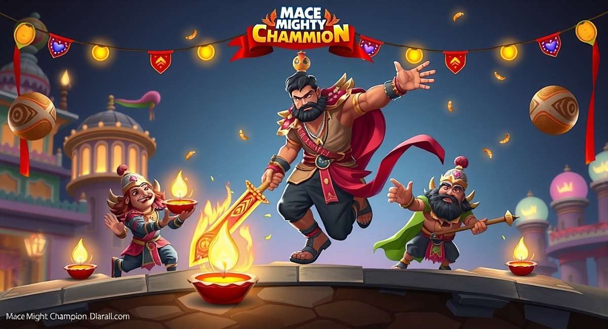 Mace Mighty Champion Diwali Celebration Mace Mighty Champion Diwali event - Game world decorated with diyas and lights, Arjun with special Diwali weapon
