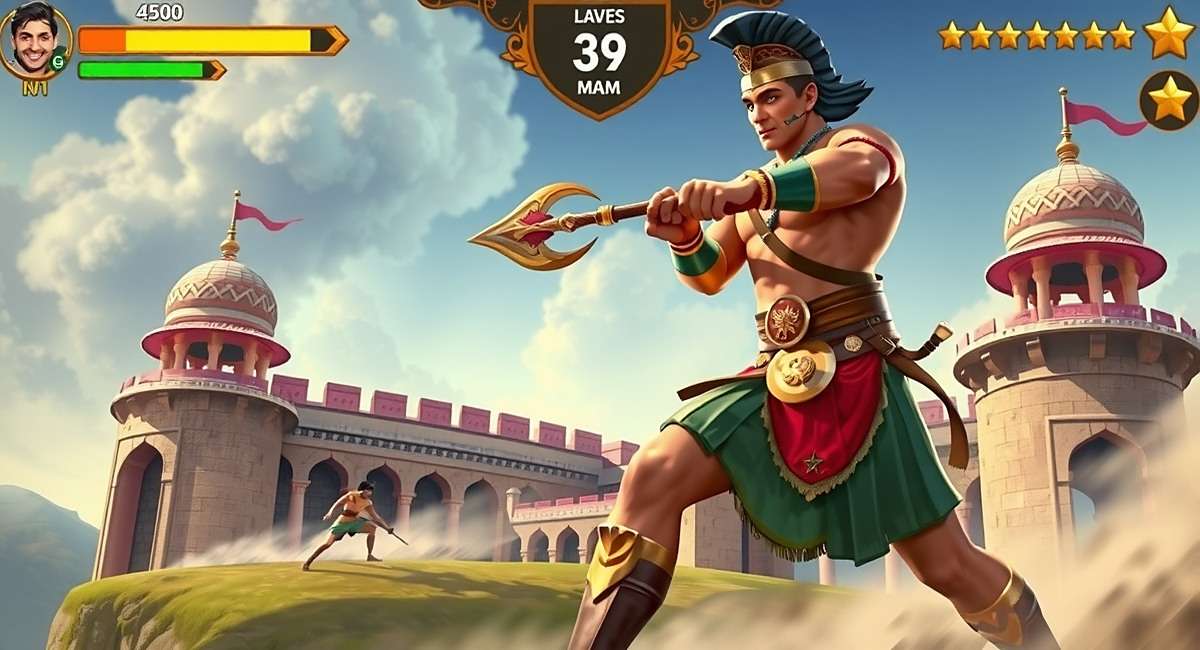 Mace Mighty Champion Combat Gameplay Mace Mighty Champion gameplay - Arjun Varma fighting enemies with traditional mace in a historical Indian fort