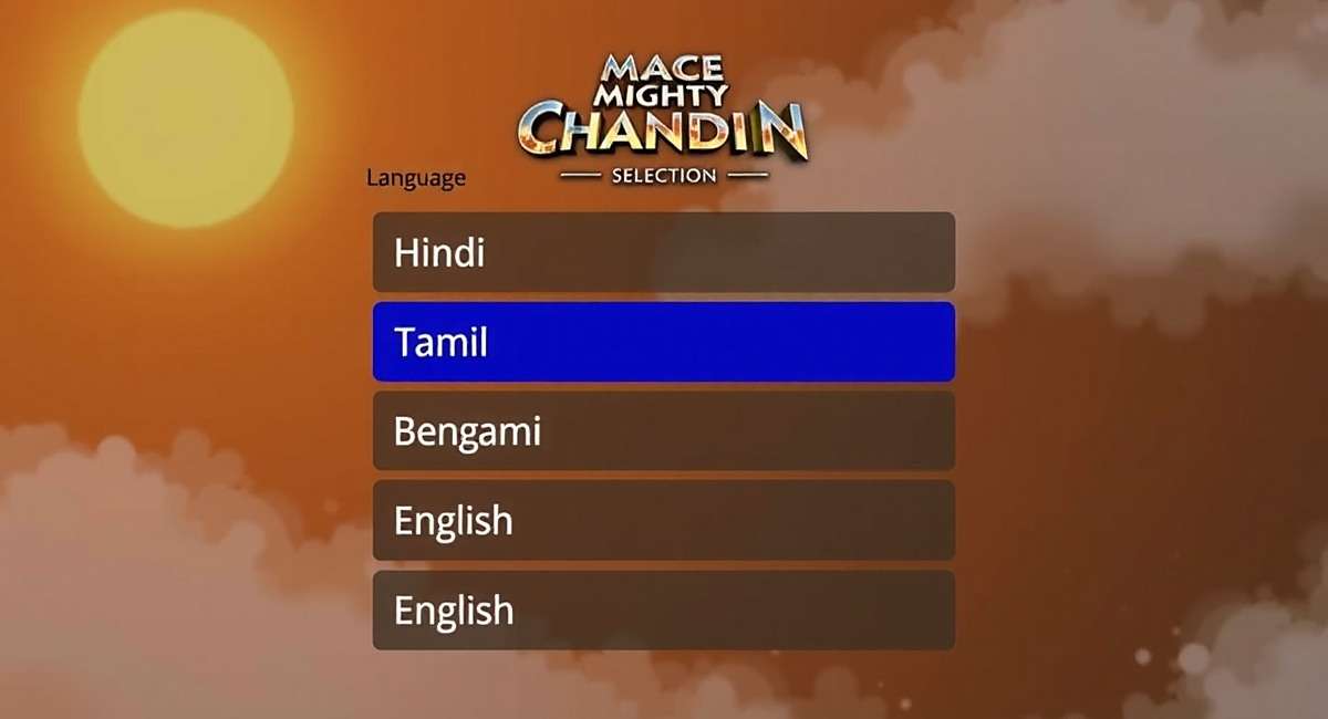 Mace Mighty Champion Localized Language Versions Mace Mighty Champion language selection screen showing Hindi, Tamil, Bengali, and English options